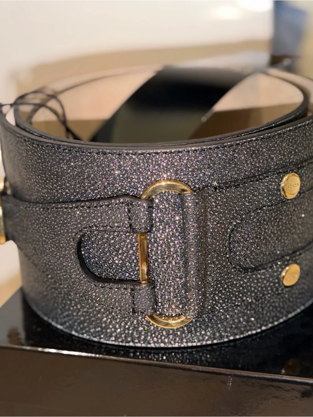 Escada NWT & Box Black Metallic Stingray Leather Belt with Gold Buckle